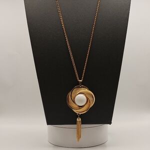 Gold-Tone Modernist Pendant Necklace with White Stone and Tassel